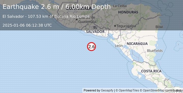 Earthquake OFF THE COAST OF EL SALVADOR (2.6 m) (2025-01-06 06:12:38 UTC)