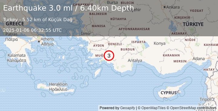 Earthquake WESTERN TURKEY (3.0 ml) (2025-01-06 06:32:55 UTC)