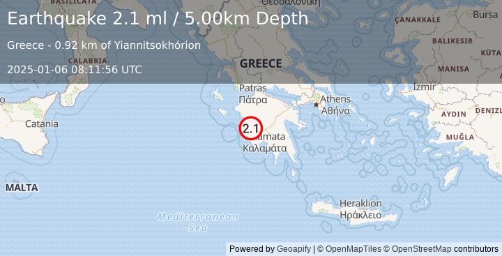 Earthquake SOUTHERN GREECE (2.1 ml) (2025-01-06 08:11:56 UTC)