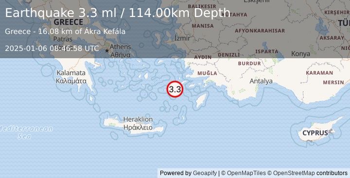 Earthquake DODECANESE ISLANDS, GREECE (3.5 ml) (2025-01-06 08:46:56 UTC)