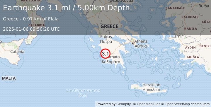 Earthquake SOUTHERN GREECE (3.1 ml) (2025-01-06 09:50:28 UTC)