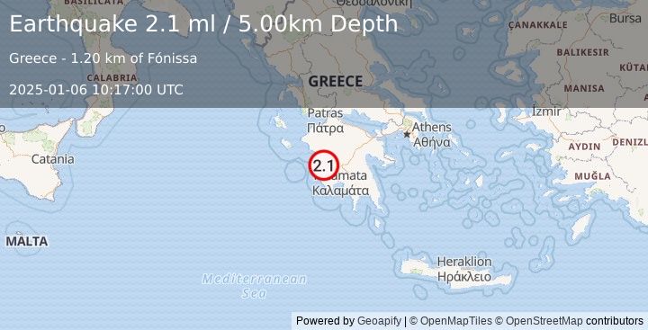 Earthquake SOUTHERN GREECE (2.1 ml) (2025-01-06 10:17:00 UTC)