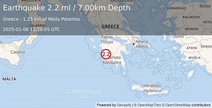 Earthquake SOUTHERN GREECE (2.2 ml) (2025-01-06 11:26:05 UTC)