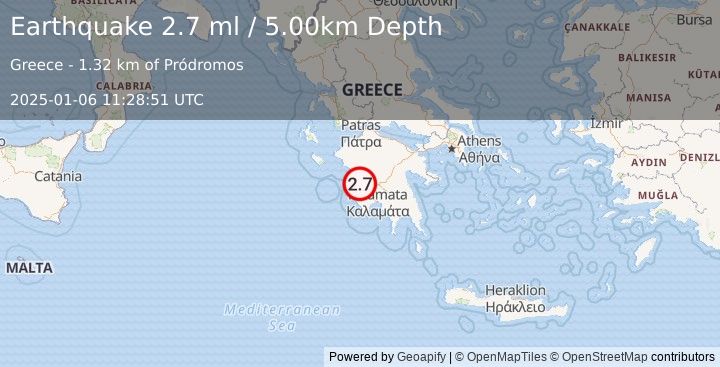 Earthquake SOUTHERN GREECE (2.7 ml) (2025-01-06 11:28:51 UTC)