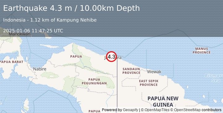 Earthquake NEAR N COAST OF PAPUA, INDONESIA (4.3 m) (2025-01-06 11:47:25 UTC)