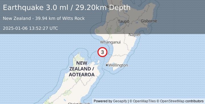 Earthquake COOK STRAIT, NEW ZEALAND (3.0 ml) (2025-01-06 13:52:27 UTC)