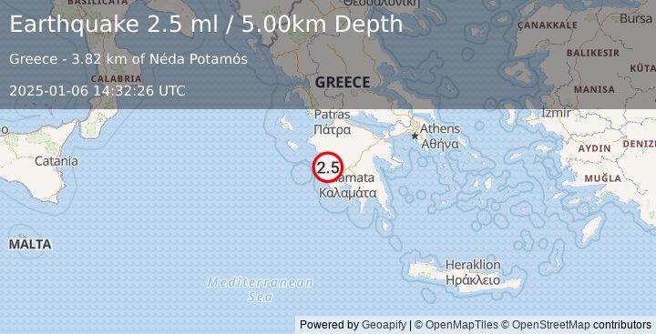 Earthquake SOUTHERN GREECE (2.5 ml) (2025-01-06 14:32:26 UTC)