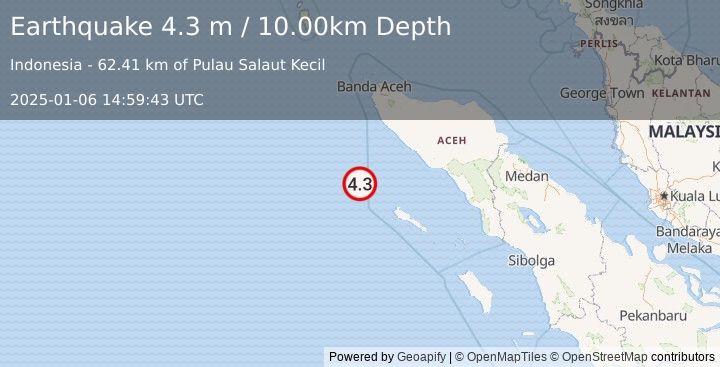 Earthquake OFF W COAST OF NORTHERN SUMATRA (4.3 m) (2025-01-06 14:59:43 UTC)