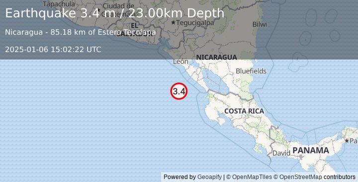 Earthquake NEAR COAST OF NICARAGUA (3.4 m) (2025-01-06 15:02:22 UTC)