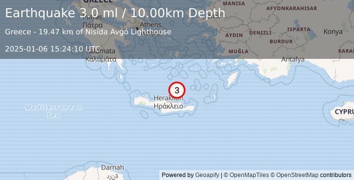 Earthquake CRETE, GREECE (3.0 ml) (2025-01-06 15:24:10 UTC)