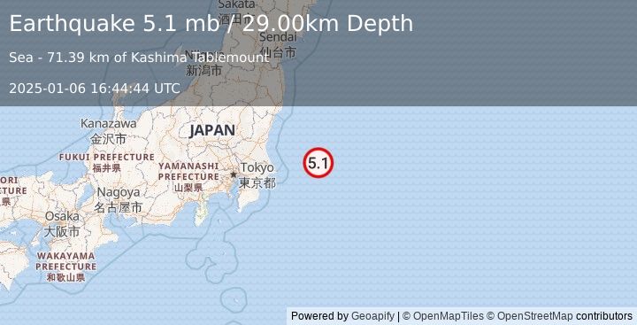 Earthquake NEAR EAST COAST OF HONSHU, JAPAN (5.1 mb) (2025-01-06 16:44:44 UTC)