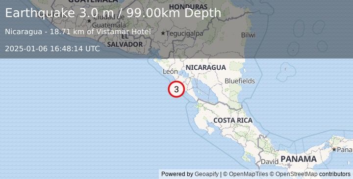 Earthquake NEAR COAST OF NICARAGUA (3.0 m) (2025-01-06 16:48:14 UTC)