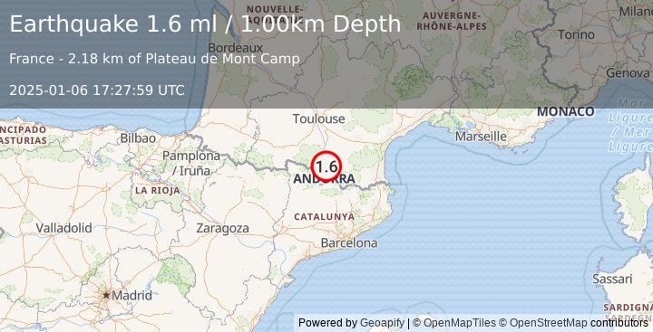 Earthquake PYRENEES (1.6 ml) (2025-01-06 17:27:59 UTC)