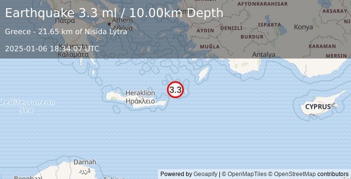 Earthquake CRETE, GREECE (3.3 ml) (2025-01-06 18:34:07 UTC)