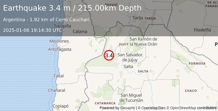 Earthquake JUJUY, ARGENTINA (3.4 m) (2025-01-06 19:14:30 UTC)