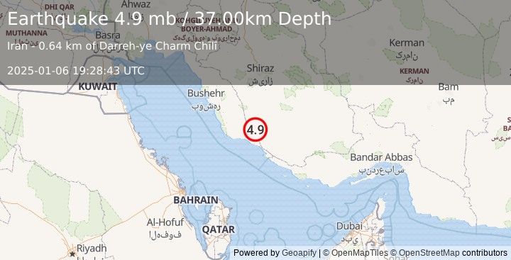 Earthquake SOUTHERN IRAN (4.9 mb) (2025-01-06 19:28:43 UTC)