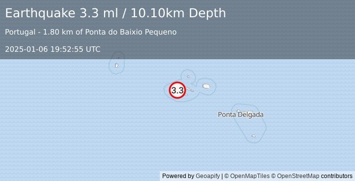 Earthquake AZORES ISLANDS, PORTUGAL (3.3 ml) (2025-01-06 19:52:55 UTC)