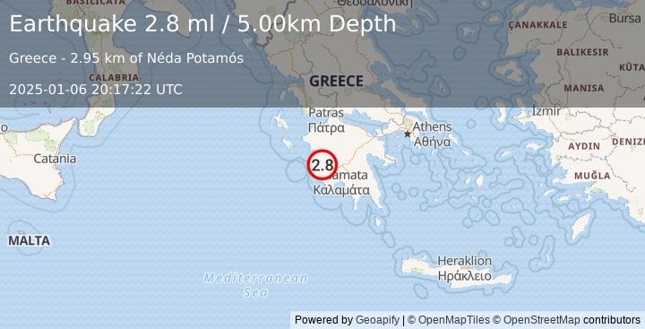 Earthquake SOUTHERN GREECE (2.8 ml) (2025-01-06 20:17:22 UTC)