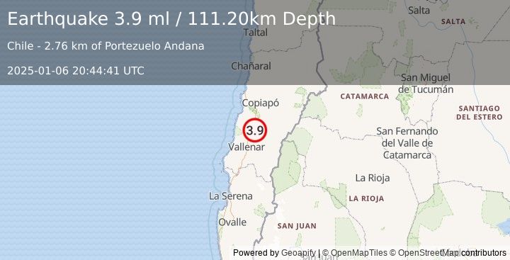 Earthquake ATACAMA, CHILE (3.9 ml) (2025-01-06 20:44:41 UTC)