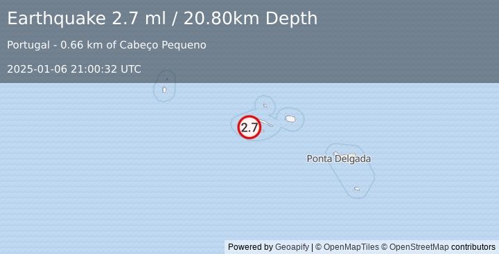 Earthquake AZORES ISLANDS, PORTUGAL (2.7 ml) (2025-01-06 21:00:32 UTC)