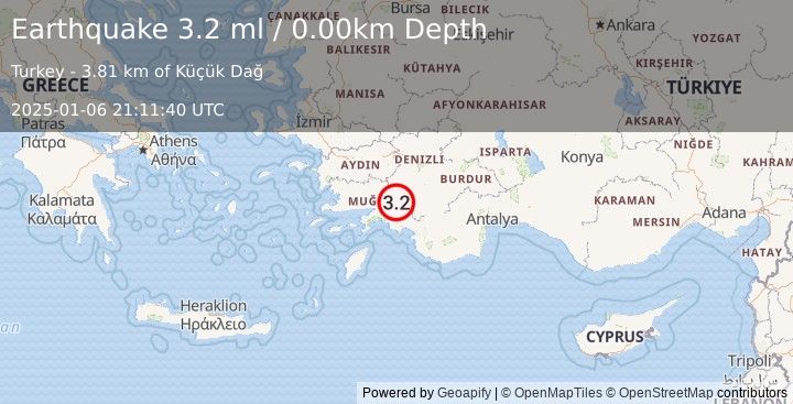 Earthquake WESTERN TURKEY (3.2 ml) (2025-01-06 21:11:40 UTC)