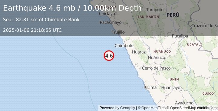 Earthquake OFF COAST OF NORTHERN PERU (4.6 mb) (2025-01-06 21:18:55 UTC)