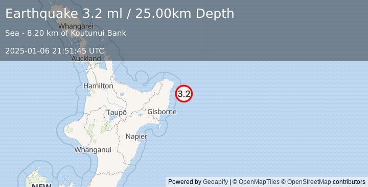 Earthquake OFF E. COAST OF N. ISLAND, N.Z. (3.2 ml) (2025-01-06 21:51:45 UTC)