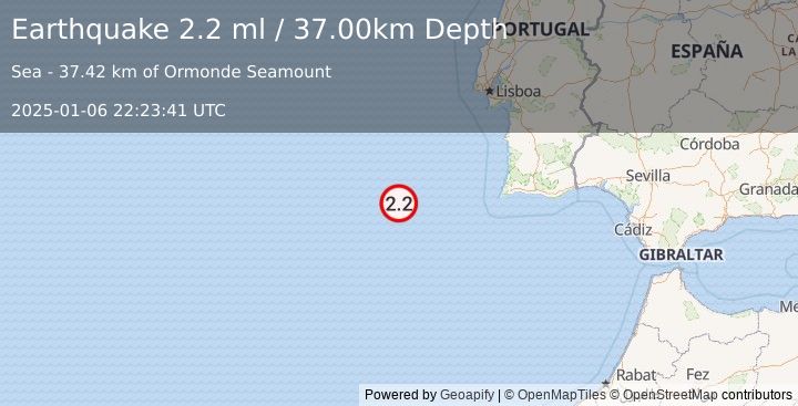 Earthquake AZORES-CAPE ST. VINCENT RIDGE (2.2 ml) (2025-01-06 22:23:41 UTC)