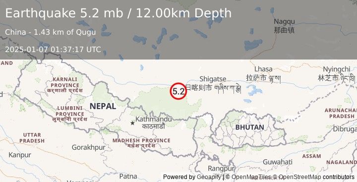 Earthquake WESTERN XIZANG (5.2 mb) (2025-01-07 01:37:18 UTC)