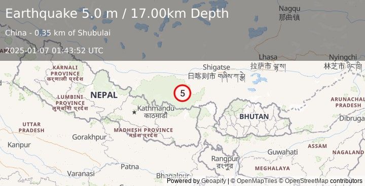 Earthquake WESTERN XIZANG (5.0 m) (2025-01-07 01:43:52 UTC)