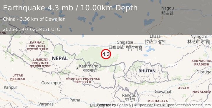 Earthquake WESTERN XIZANG (4.3 mb) (2025-01-07 02:34:51 UTC)