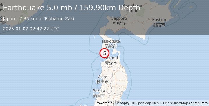 Earthquake HOKKAIDO, JAPAN REGION (5.0 mb) (2025-01-07 02:47:22 UTC)