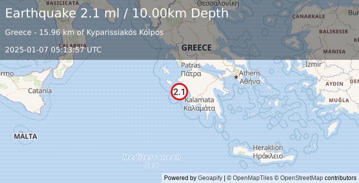 Earthquake SOUTHERN GREECE (2.1 ml) (2025-01-07 05:13:57 UTC)