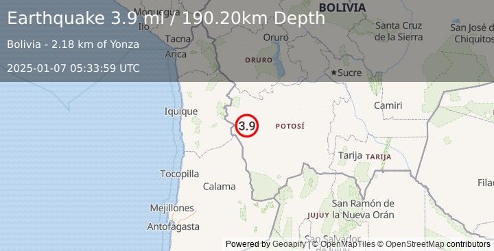 Earthquake POTOSI, BOLIVIA (3.9 ml) (2025-01-07 05:33:59 UTC)