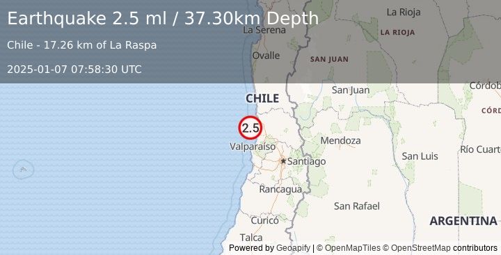 Earthquake OFFSHORE VALPARAISO, CHILE (2.5 ml) (2025-01-07 07:58:30 UTC)