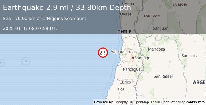 Earthquake OFF COAST OF VALPARAISO, CHILE (2.9 ml) (2025-01-07 08:07:59 UTC)