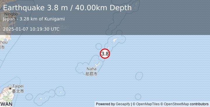 Earthquake RYUKYU ISLANDS, JAPAN (3.8 m) (2025-01-07 10:19:30 UTC)