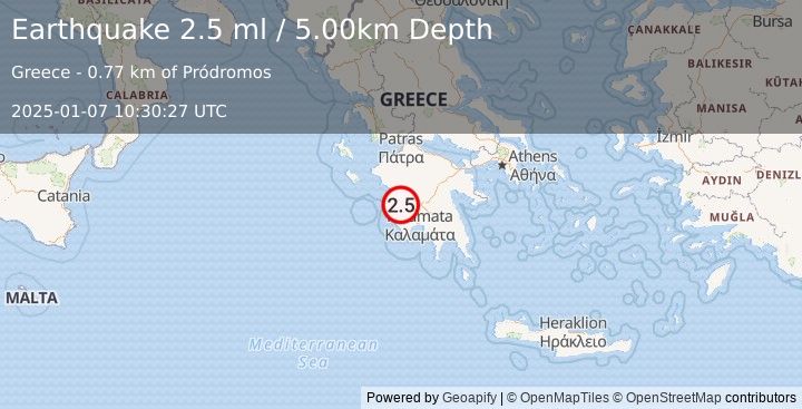 Earthquake SOUTHERN GREECE (2.5 ml) (2025-01-07 10:30:27 UTC)