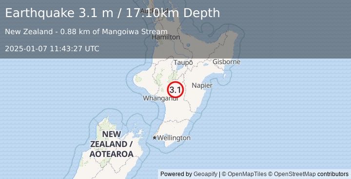 Earthquake NORTH ISLAND OF NEW ZEALAND (3.1 m) (2025-01-07 11:43:27 UTC)