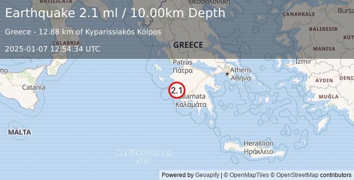 Earthquake SOUTHERN GREECE (2.1 ml) (2025-01-07 12:54:34 UTC)