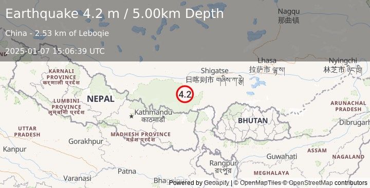 Earthquake WESTERN XIZANG (4.2 m) (2025-01-07 15:06:39 UTC)