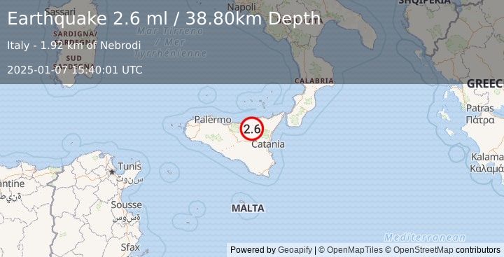 Earthquake SICILY, ITALY (2.6 ml) (2025-01-07 15:40:01 UTC)