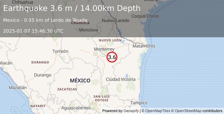 Earthquake NUEVO LEON, MEXICO (3.6 m) (2025-01-07 15:46:30 UTC)