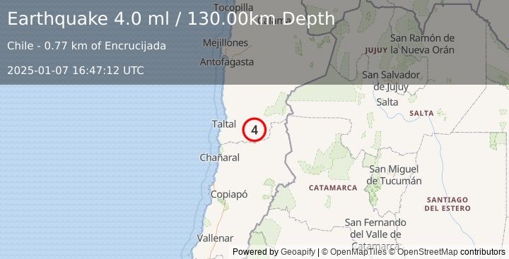 Earthquake ANTOFAGASTA, CHILE (4.2 ml) (2025-01-07 16:47:13 UTC)