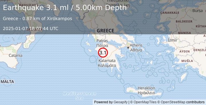 Earthquake SOUTHERN GREECE (3.1 ml) (2025-01-07 18:01:44 UTC)