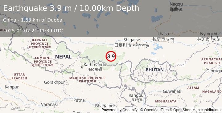 Earthquake WESTERN XIZANG (3.9 m) (2025-01-07 21:11:39 UTC)