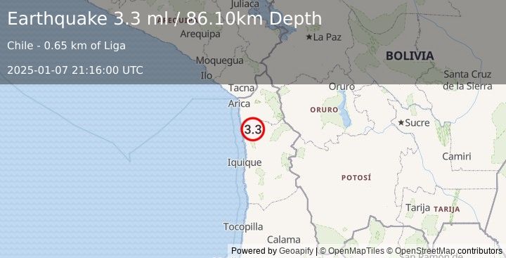 Earthquake TARAPACA, CHILE (3.3 ml) (2025-01-07 21:16:00 UTC)