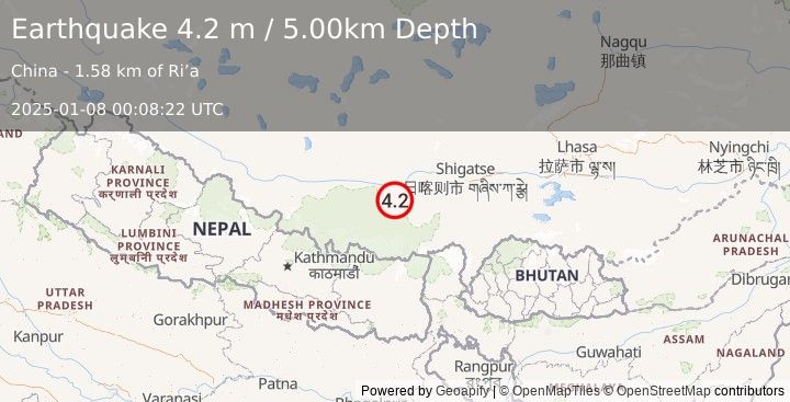 Earthquake WESTERN XIZANG (4.2 m) (2025-01-08 00:08:22 UTC)