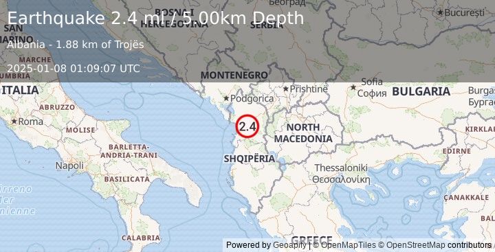 Earthquake ALBANIA (2.5 ml) (2025-01-08 01:09:07 UTC)