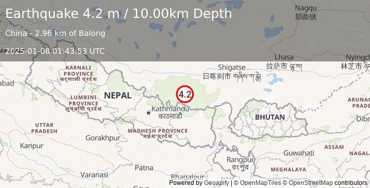 Earthquake WESTERN XIZANG (4.2 m) (2025-01-08 01:43:53 UTC)